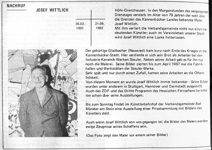 Josef Wittlich - 1903 - 1982 - Nachruf der Verbandsgemeinde Hhr-Grenzhausen